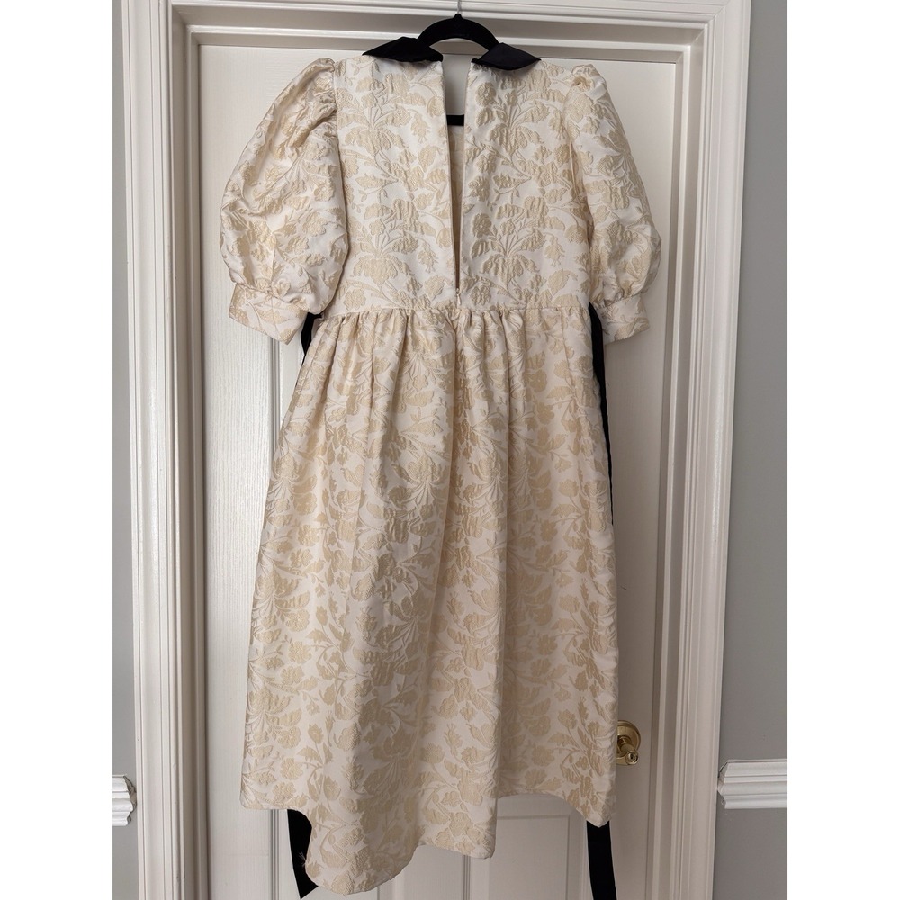 Sister Jane Jacquard Puff Sleeve Dress Black Satin Peter Pan Collar & Ribbon NWT - Picture 5 of 16